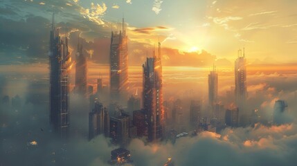 A radiant sunset bathes a cloud-engulfed cityscape in golden light, with towering skyscrapers piercing through the fluffy clouds. - obrazy, fototapety, plakaty