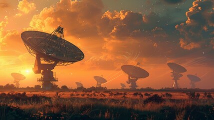 A field of large radio telescopes stands silhouetted against a stunning sunset, scanning the heavens for signals from the cosmos.