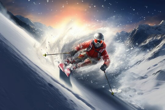 Majestic Skier mountains art. Lifestyle sport. Generate Ai