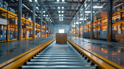 Single cardboard box on a yellow conveyor belt in a large, well-organized, modern distribution warehouse with shelves and lights.