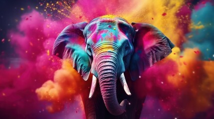 Holi festival, colorful elephant, explosion of colored smoke on a black background