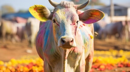 Cow in paint on bright background, happy holi Indian concept