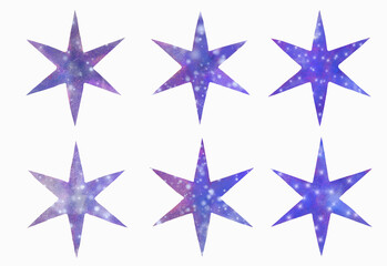Obraz premium Hand-drawn watercolor illustration on a white background of a set of night six-pointed stars with glitter and highlights. For sky design, galaxy decoration, banner combination.