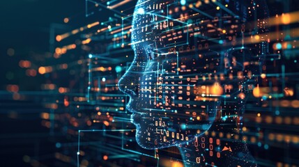 The image shows a side profile of a digital head overlaid on a background of flowing data, signifying connectivity and data processing