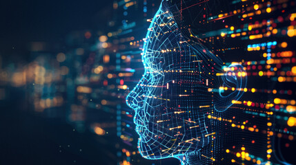 A visually striking image featuring a digital mesh model of a human face, highlighting the concepts of AI, technology, and digital identity