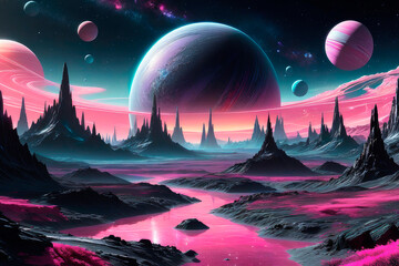 Space background with silver and pink alien planet landscape, stars, satellites and alien planets in sky. - 762506535