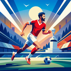 Football player with ball. Vector illustration of a soccer player about to kick the ball at the stadium