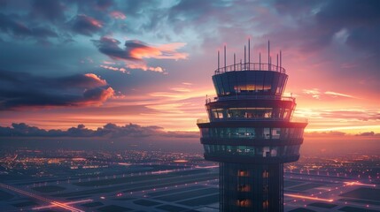 As the day ends, a majestic sunset envelops an airport control tower, with the sky painted in deep hues of orange and blue. - obrazy, fototapety, plakaty