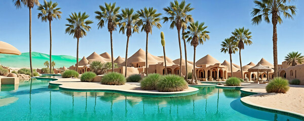 A hidden oasis in the desert with emerald-green waters, palm trees. AI Generated