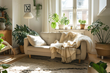 warm and inviting Scandinavian living room with light wood furniture, fluffy rugs, and pops of green from plants