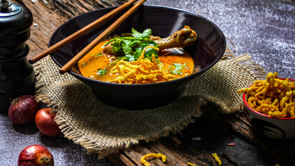 Northern Thai food (Khao Soi Kai), spicy egg noodles soup with chicken in a bowl