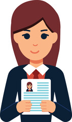 Female wearing a business outfit while holding a cv or resume vector icon