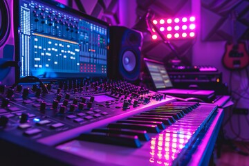 Music studio, neon purple lights