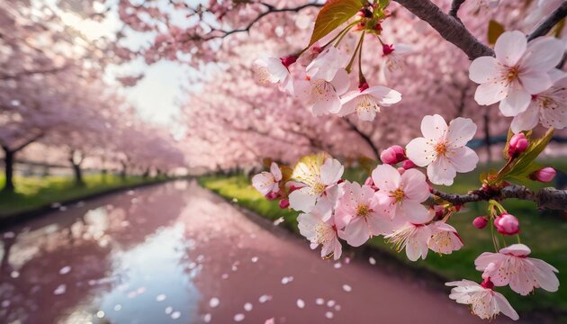 Pink Cherry Blossom background has Landscape Trees and River surrounded by Pink Cherry Blossom