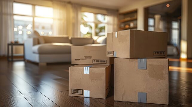 Cardboard moving boxes stacked in a sunny modern living room signaling a new start