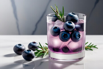 Summer refreshing soda drink or alcoholic cocktail with ice, rosemary and blueberry on a white marble table.