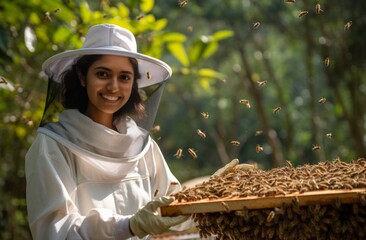 Obraz premium Passionate Beekeeper: Woman Enjoying Apiculture