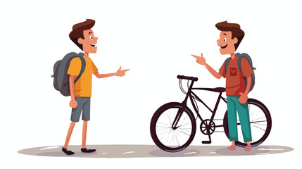 Teenager standing and chat with boy on bicycle