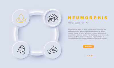 Cosmetics icon set. Mask, drop, treatment, healing, rejuvenation, natural ingredients, cream. Neomorphism style. Vector line icon for business and advertising
