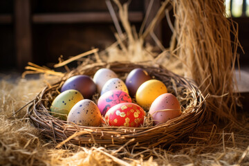 Obraz premium Pastel colored Easter eggs in rustic straw nest