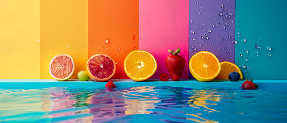A colorful fruit display in a pool of water