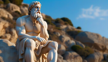 A close-up of a Greek statue of Aristotle sitting on a rock, with a serious expression and hand on his chin.