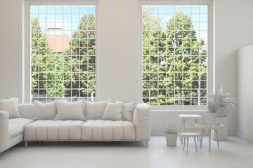 Grey living room concept with sofa and summer landscape in window. Scandinavian interior design. 3D illustration - obrazy, fototapety, plakaty