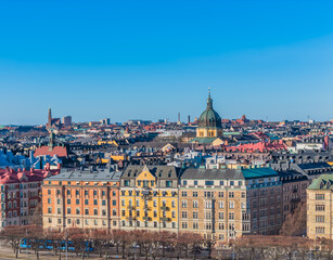 Obraz premium Stockholm old town - Ostermalm, next to Gamla stan. Aerial view of Sweden capital. Drone top panorama photo