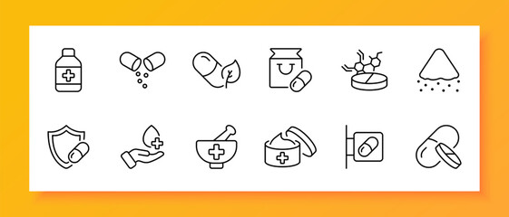 Treatment icon set. Tablet, cough syrup, mortar, plus, healing, pill, pharmacy, pharmaceuticals. Black icon on a white background. Vector line icon for business and advertising