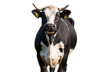 black and white cow looking into the cameras isolated on transparent background
