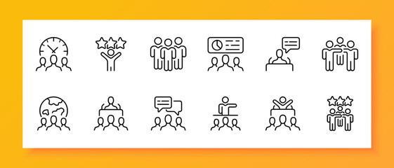 Elections icon set. Hours, showing off, stars, feedback, working with clients, public activities. Vector line icon for business and advertising