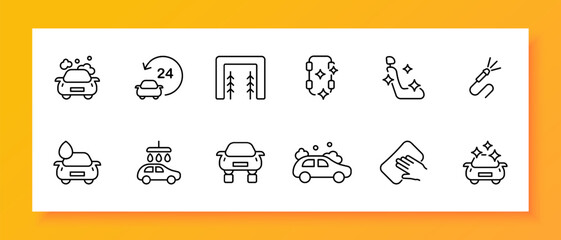 Car wash icon set. Foam, graying, washcloth, water flow, cleanliness, polishing, drop, soap. Black icon on a white background. Vector line icon for business and advertising