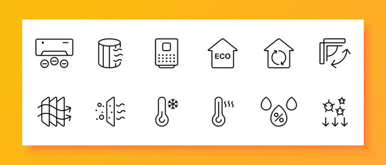 Ventilation icon set. Air, coolness, wind, air conditioning, blowing, cold, summer, warmth, freshness, pipe, propeller. Black icon on a white background. Vector line icon for business and advertising