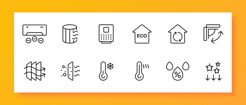 Ventilation icon set. Air, coolness, wind, air conditioning, blowing, cold, summer, warmth, freshness, pipe, propeller. Black icon on a white background. Vector line icon for business and advertising
