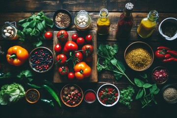 Overhead shot of a cluttered kitchen counter with fresh ingredients and cooking utensils