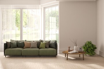 Bright interior design with modern furniture and summer landscape in window. 3D illustration