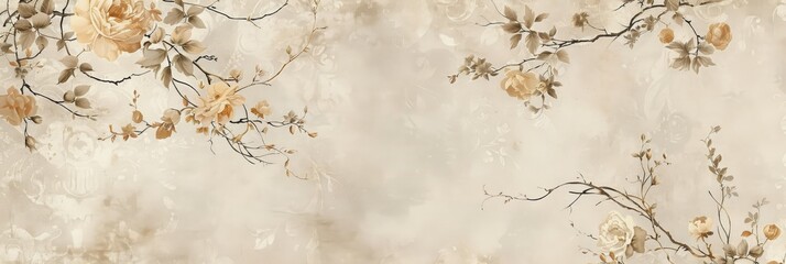 Soft cream vintage floral pattern with flowers and vines in watercolor style - Subtle gradient background with baroque style pattern in the background created with Generative AI Technology - obrazy, fototapety, plakaty