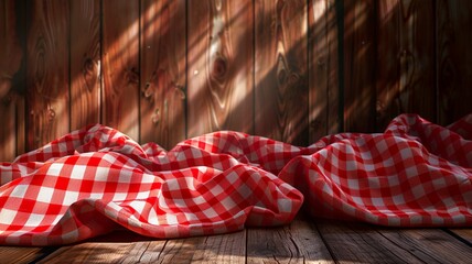Classic red gingham cloth draped gracefully over a textured mahogany wooden surface