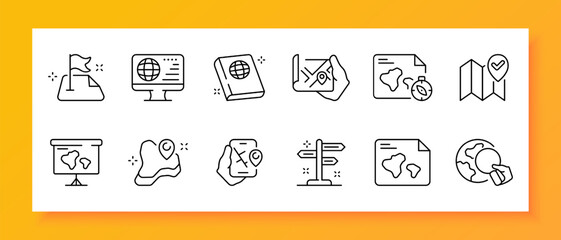 Navigation icon set. Geography, atlas, direction, meridians, orientation, magnifying glass. globe, planet. Black icon on a white background. Vector line icon for business and advertising