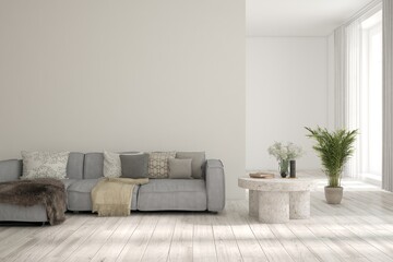 White modern interior design with sofa. Scandinavian interior design. 3D illustration