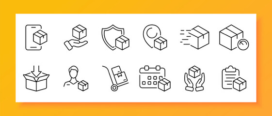 Delivery icon set. Transportation, GPS tag, boxes, loader, smartphone, time, file, list. Black icon on a white background. Vector line icon for business and advertising