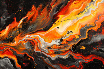An inferno of orange and yellow flames dancing across a dark marbled canvas