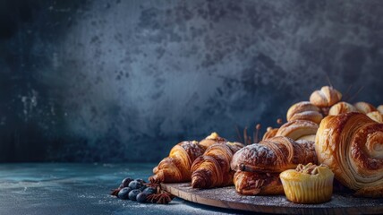 French patisserie spread on a moody backdrop - A luxurious spread of French pastries, from croissants to crème pâtissière, all elegantly displayed on a moody, atmospheric background - obrazy, fototapety, plakaty