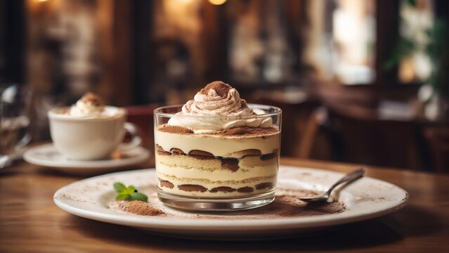 Tiramisu dessert served in an Italian-inspired café with cozy ambiance, photo