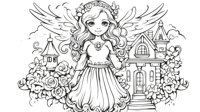 Beautiful angel with little house. Hand drawn image