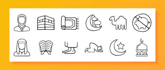 Islam icon set. Burqa, camel, namaz, traditions, religion, mosque, prophet, Koran, moon, dome, carpet. Black icon on a white background. Vector line icon for business and advertising