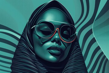 Animated stylish woman with sunglasses - Digital art of a woman with sunglasses and a headscarf, with graphic patterns