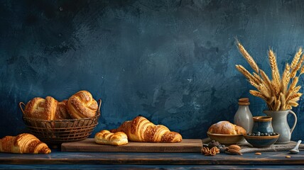 Artisan bakery assortment on blue textured backdrop - A rustic and artisanal display of baked goods including bread, croissants, and pastries, presented against a rich blue backdrop with a textured fi - obrazy, fototapety, plakaty