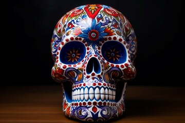 Flickering Dead skull with burning candle. Mexican skeleton holiday. Generate Ai