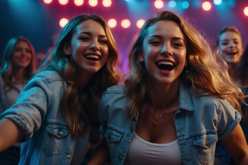 Fröhliche junge Frauen genießen eine Nacht im Club mit bunten Lichtern - obrazy, fototapety, plakaty